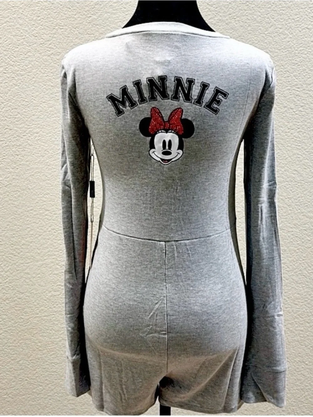 Disney Grey Long-Sleeve Henley Romper with Red Bow and Minnie Mouse on back